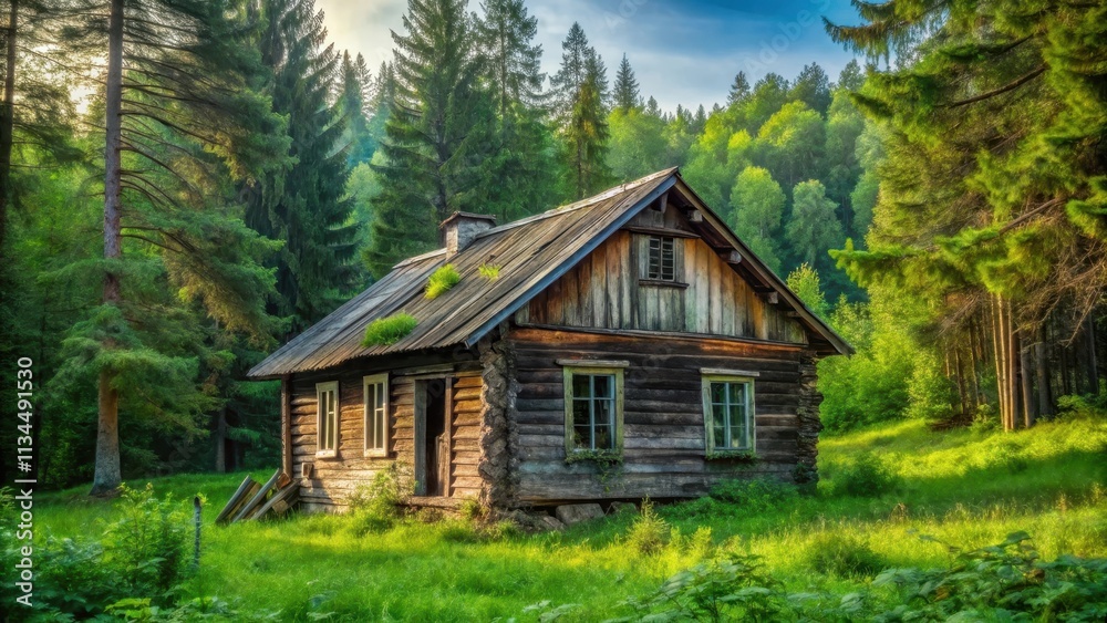 Abandoned wooden house in village surrounded by green forest , ruined, frightening, old, rundown, spooky, eerie, deserted Abandoned wooden house in village surrounded by green forest , ruined, frightening, old, rundown, spooky, eerie, deserted