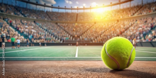 A tennis ball on a vibrant court with a crowd of spectators watching , tennis, ball, court, crowd, people, spectators photo