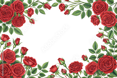 Red roses frame border for text and design with copy space, isolated on a transparent background. PNG cutout or clipping path.