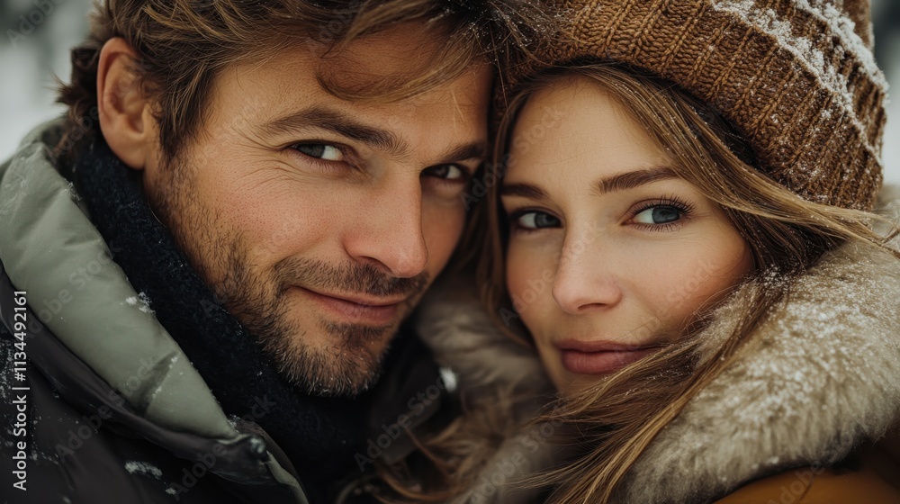 A couple embraces in a snowy landscape, showcasing warmth and affection. A couple embraces in a snowy landscape, showcasing warmth and affection.