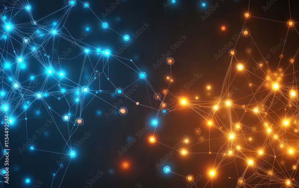 A futuristic abstract background with glowing blue and orange dots linked by glowing connections, representing the transfer of digital data. Ideal for a tech web design, banner, or digital content. A futuristic abstract background with glowing blue and orange dots linked by glowing connections, representing the transfer of digital data. Ideal for a tech web design, banner, or digital content.