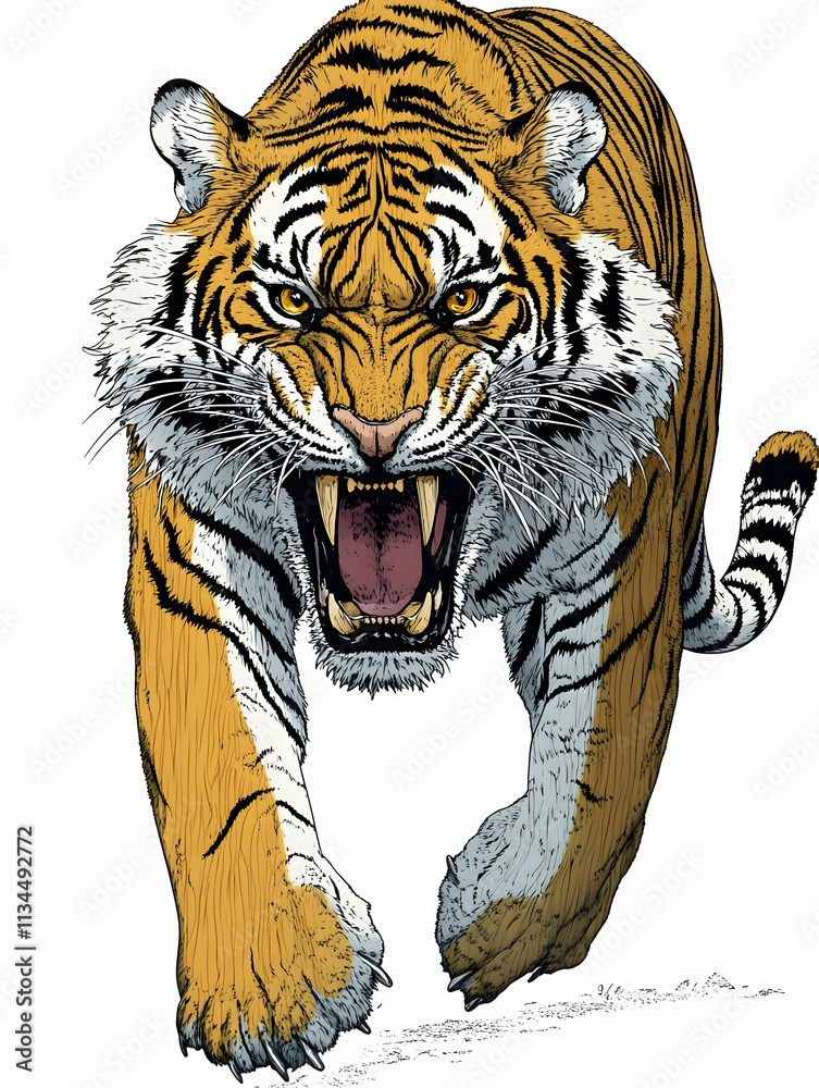 Fototapeta premium Roaring tiger, close-up, isolated on white background.