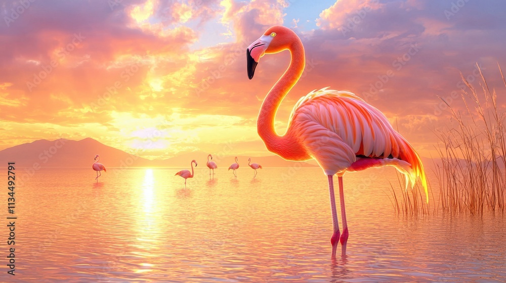 Fototapeta premium A vibrant flamingo stands gracefully in shimmering water at sunset, surrounded by a serene landscape filled with soft colors and other flamingos.
