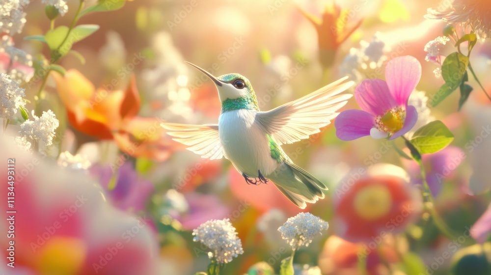 Fototapeta premium Hummingbird in vibrant flower garden at sunset.