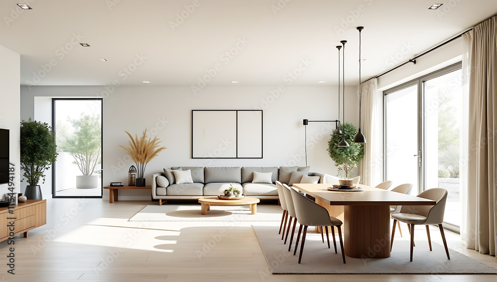 A bright, airy Scandinavian-style living room with light wood furniture, white walls, and a cozy gray sofa A bright, airy Scandinavian-style living room with light wood furniture, white walls, and a cozy gray sofa