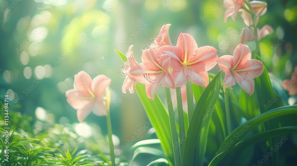 Fototapeta premium Delicate pink amaryllis flowers in a garden setting, bathed in soft sunlight.
