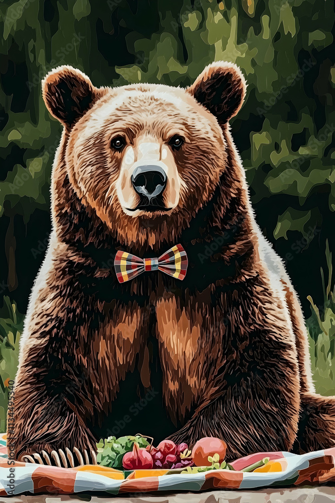 Fototapeta premium A brown bear wearing a bow tie sits on a picnic blanket with fruit and vegetables.