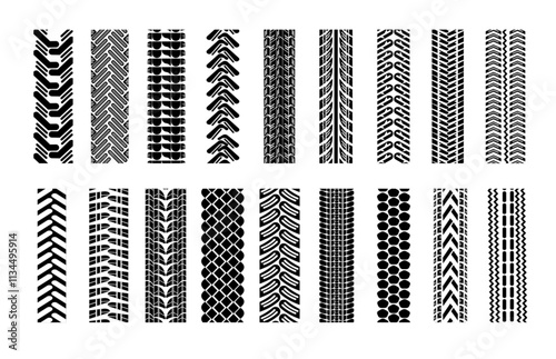 set of car tire track isolated flat style silhouettes