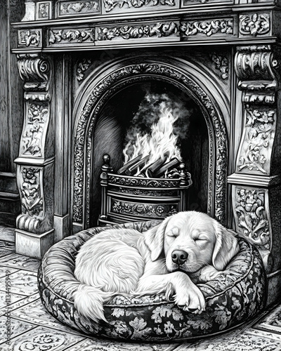 A peaceful Labrador Retriever sleeps soundly in a comfortable dog bed before a cozy fireplace.