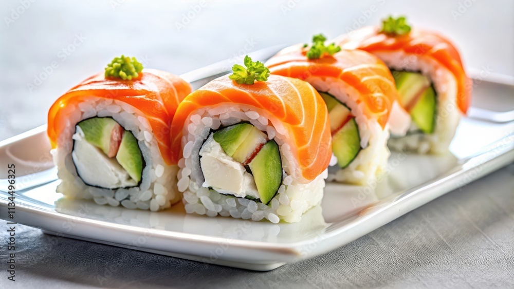 Sushi roll with fresh salmon and creamy avocado, served on a white plate, sushi, roll, Japanese food, seafood, salmon Sushi roll with fresh salmon and creamy avocado, served on a white plate, sushi, roll, Japanese food, seafood, salmon