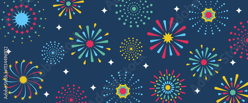 Vektorgrafik mit einem bunten Feuerwerk auf blauem Hintergrund.