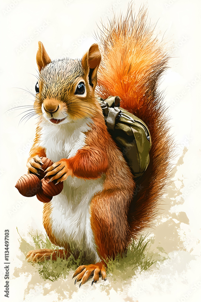 Adorable red squirrel with backpack carrying acorns. Adorable red squirrel with backpack carrying acorns.