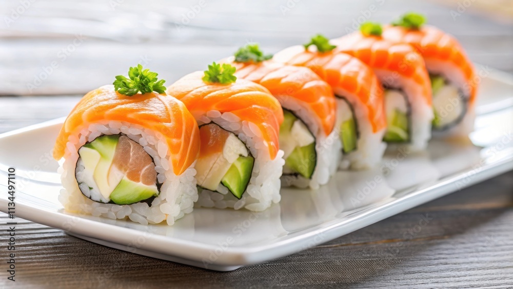 Delicious salmon sushi roll on a white plate, salmon, sushi, roll, fresh, Japanese, cuisine, seafood, rice, gourmet Delicious salmon sushi roll on a white plate, salmon, sushi, roll, fresh, Japanese, cuisine, seafood, rice, gourmet