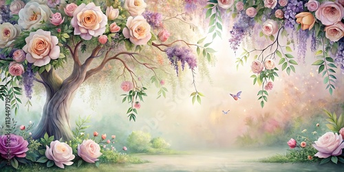 Enchanted Rose Tree with Birds and Soft Light in a Dreamlike Garden