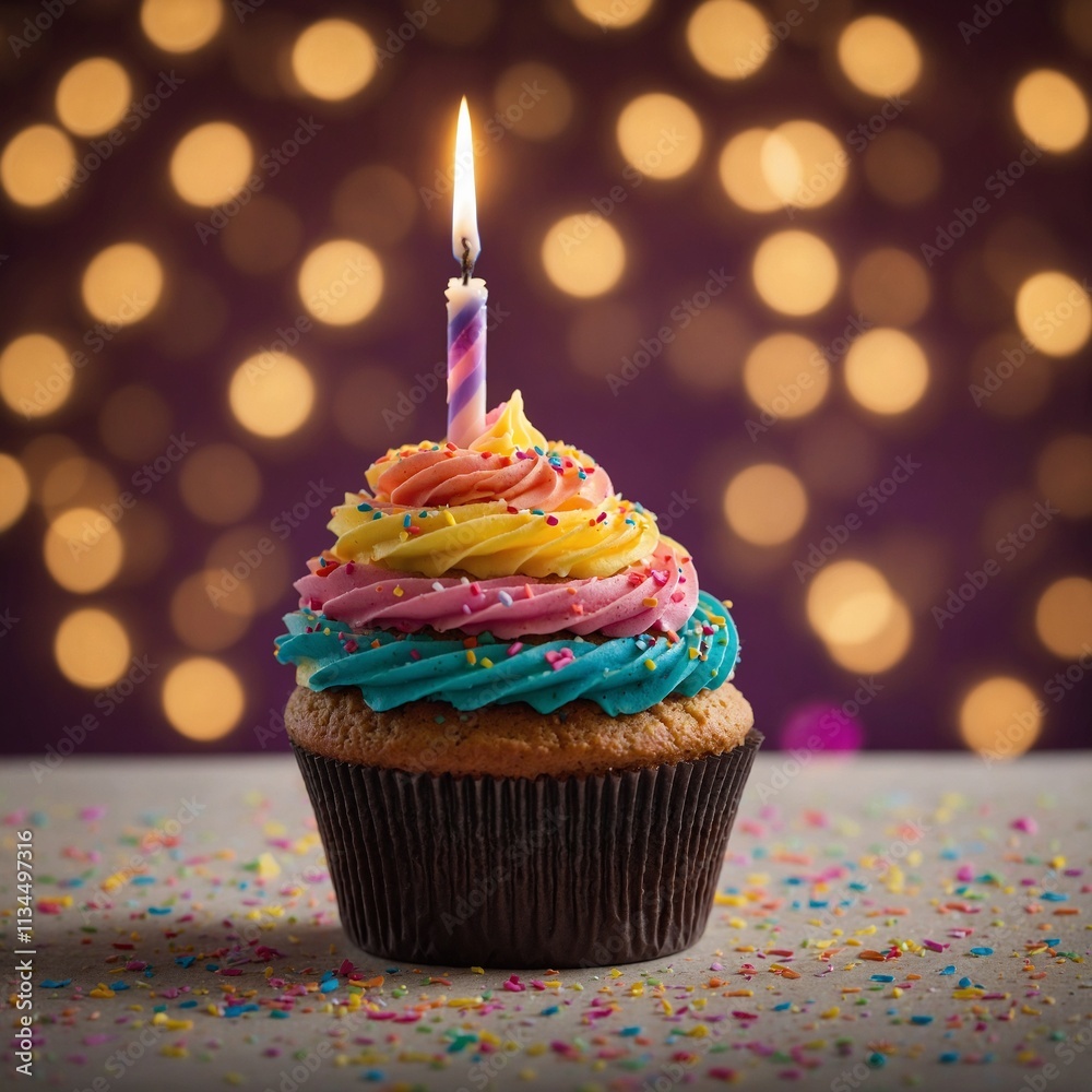 A vibrant cupcake with a swirl of colorful frosting, topped with sprinkles and a single lit birthday candle. A vibrant cupcake with a swirl of colorful frosting, topped with sprinkles and a single lit birthday candle.