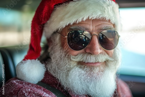 Senior man wearing santa hat and sunglasses smiling in car