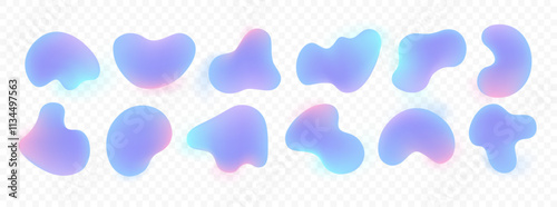 Set of 3d vector holographic amoeba shapes. Modern free form frame elements. 12 soft liquid shapes in light blue pastel colors on white background. Snowy bg. Freeform chrome glow effect illustration