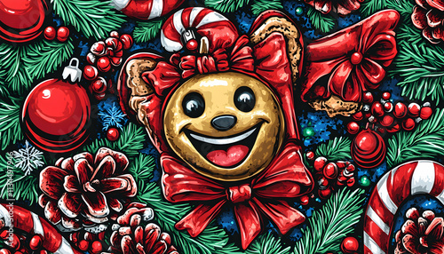 Cheerful cartoon bear ornament amidst Christmas decorations.