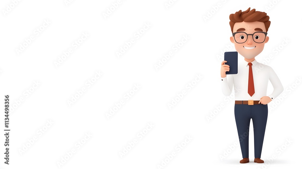 Animated office worker on a phone call, wearing a professional outfit, confident posture, isolated on white