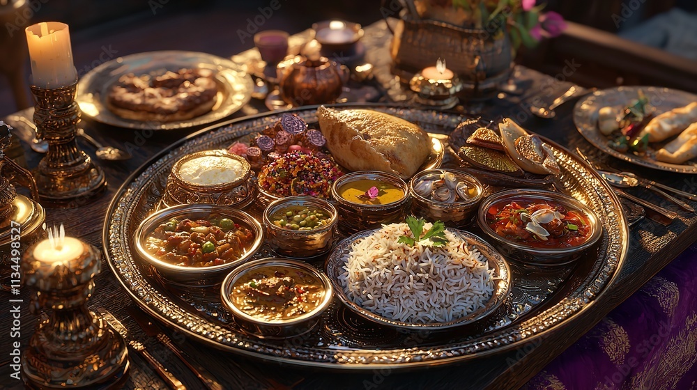 Elegant Table Setting Featuring a Thali with Various Dishes Elegant Table Setting Featuring a Thali with Various Dishes