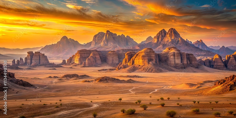Fototapeta premium Golden Hour Desert Landscape with Rugged Mountains and Winding Trails