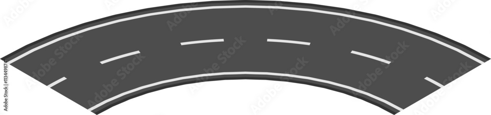 Top down view of a curved section of asphalt road with white lane dividers extending into the distance, creating a sense of journey and transportation Top down view of a curved section of asphalt road with white lane dividers extending into the distance, creating a sense of journey and transportation