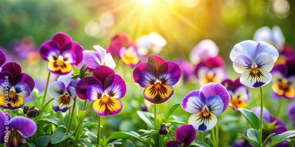 Beautiful wild pansy flowers blooming in a garden , Viola tricolor, pansy, wildflower, purple, yellow, petals, delicate, plant Beautiful wild pansy flowers blooming in a garden , Viola tricolor, pansy, wildflower, purple, yellow, petals, delicate, plant