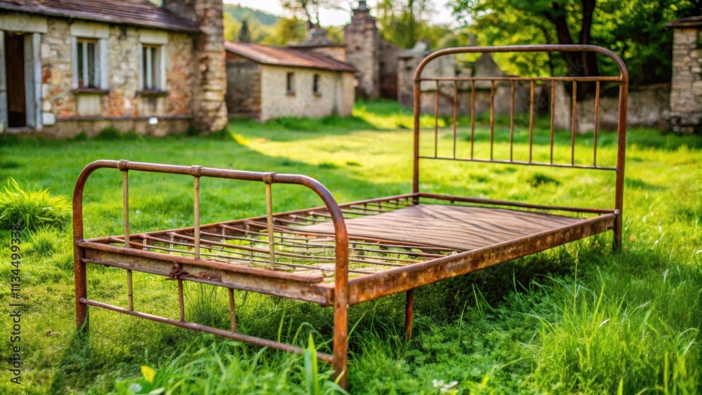Old rusty bed on green grass in village yard, rusty, bed, green grass, village, yard, vintage, rustic, weathered Old rusty bed on green grass in village yard, rusty, bed, green grass, village, yard, vintage, rustic, weathered