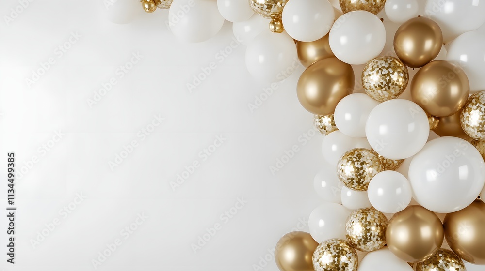 Elegant event setup featuring a gold and white balloon arch on a white background, perfect for commercial use Elegant event setup featuring a gold and white balloon arch on a white background, perfect for commercial use