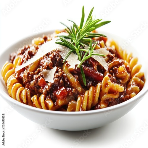 A bowl of pasta with meat sauce, garnished with rosemary and cheese.