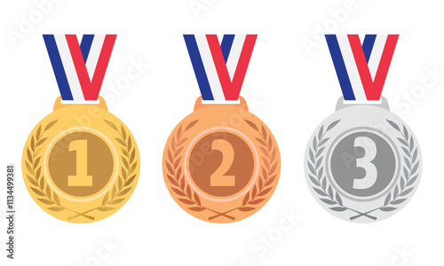 Gold, silver, and bronze medal graphics with numbers 1, 2, and 3 and red, white, and blue ribbons. Perfect for award ceremonies, sporting events, and achievements design.