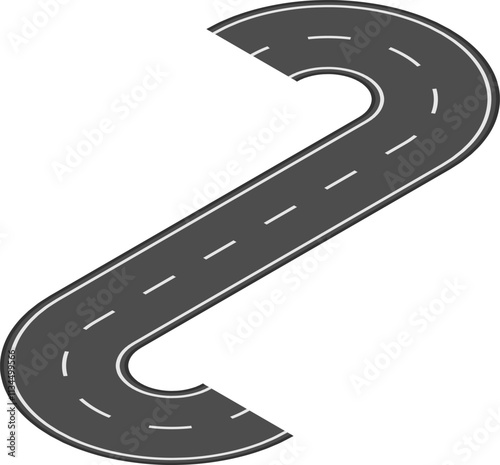 Winding road featuring two sharp turns, forming an elegant s shape, with white lane stripes contrasting against a bright white background, inviting journeys and adventures ahead