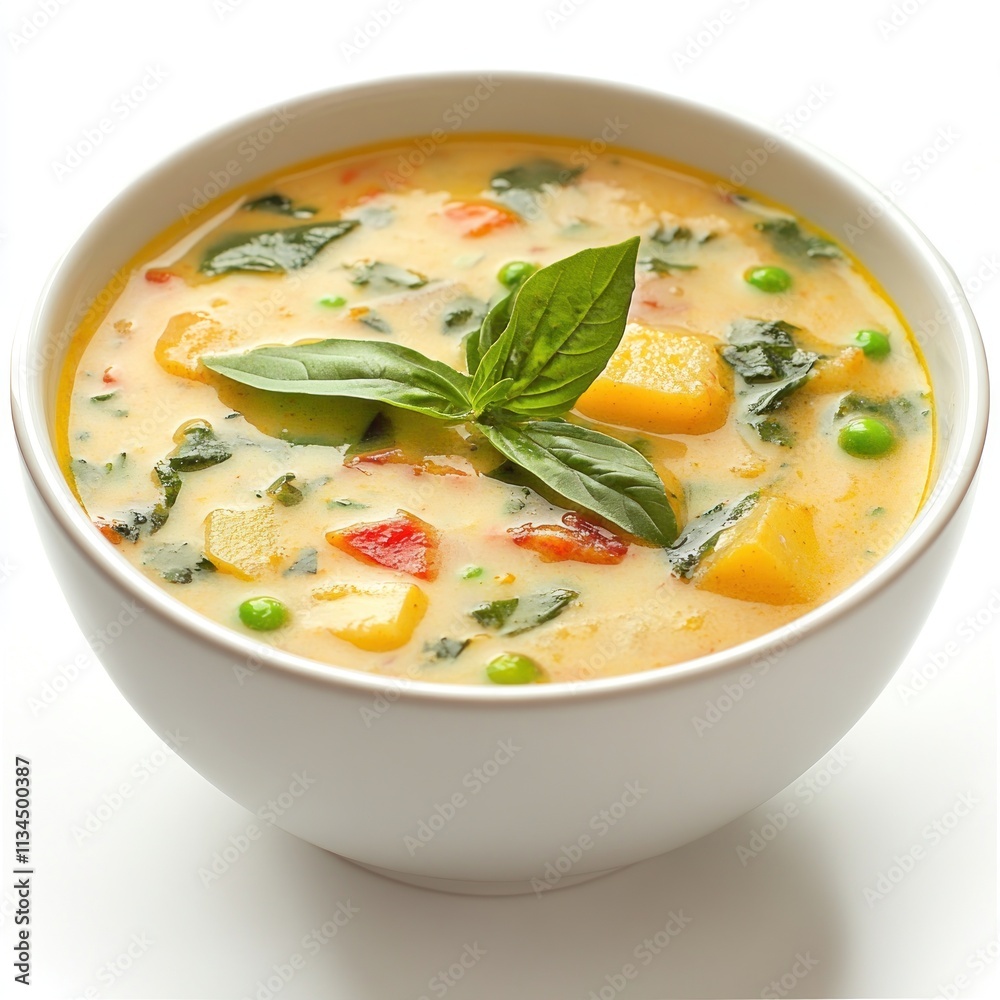 A bowl of creamy vegetable soup garnished with fresh basil leaves. A bowl of creamy vegetable soup garnished with fresh basil leaves.