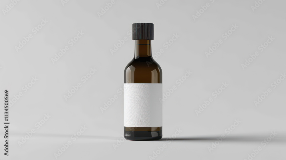 Realistic oil bottle with matte cap, minimal label design, on a white backdrop Realistic oil bottle with matte cap, minimal label design, on a white backdrop