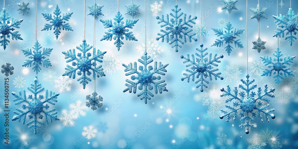 Festive winter wonderland with hanging blue snowflakes, winter, decorations, snow, hanging, blue, holiday, festive Festive winter wonderland with hanging blue snowflakes, winter, decorations, snow, hanging, blue, holiday, festive
