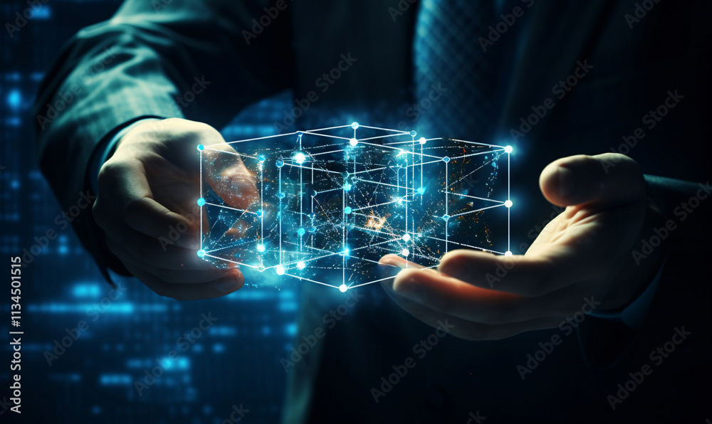 Fototapeta premium Blockchain technology, Businessman touch blockchain icon on structure global network. Virtual secure of business data information of global connected. Abstract holographic display.