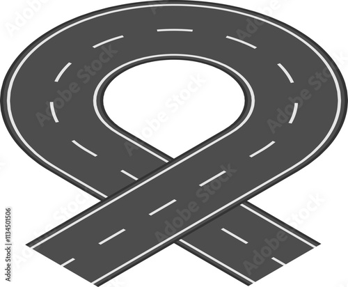Winding road making a loop and crossing itself, creating an overpass or underpass intersection, symbolizing transportation, infrastructure, and journey
