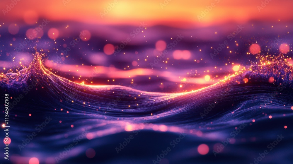 Obraz premium Waves shimmer with golden light during a breathtaking sunset on the tranquil ocean, creating a mesmerizing atmosphere for reflection