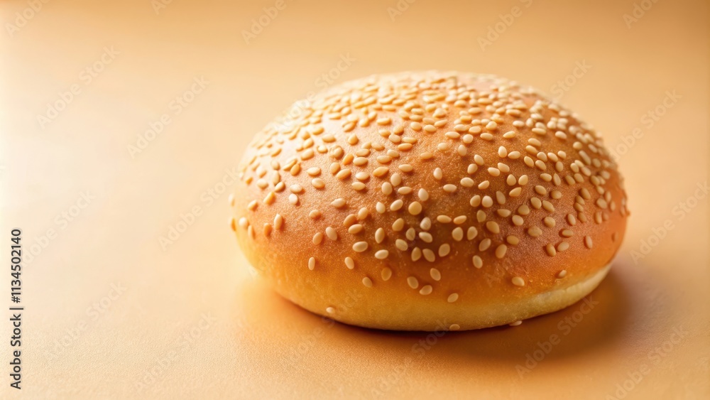 Closeup of a soft, golden sesame seed bun isolated on a peach background, sesame seed, bun, golden, soft, food, snack Closeup of a soft, golden sesame seed bun isolated on a peach background, sesame seed, bun, golden, soft, food, snack
