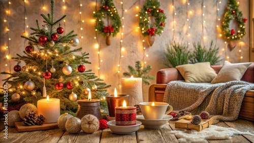 Cozy Christmas decorations with open space for creativity, festive, holiday, ornaments, cozy