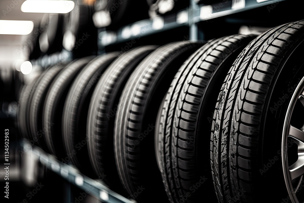 Tires Available for Sale at a Tire Store - Automotive Products and Retail Display Tires Available for Sale at a Tire Store - Automotive Products and Retail Display