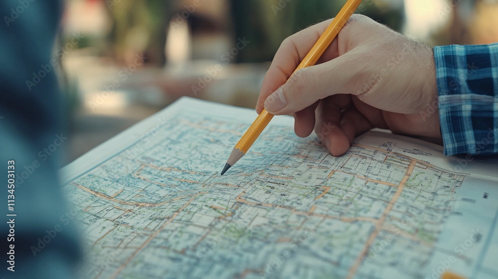 hand holding pencil point to city map with sunset background. travel concept. hand holding pencil point to city map with sunset background. travel concept.