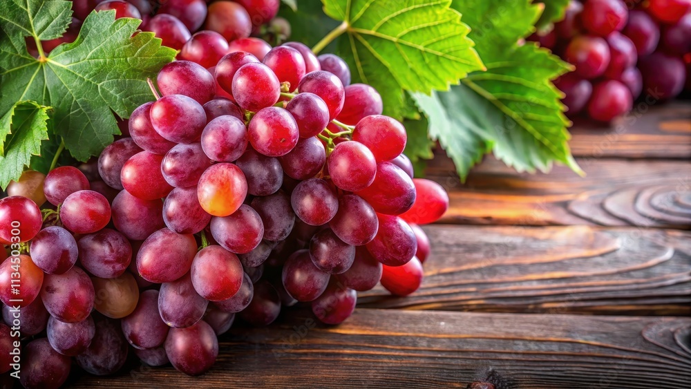 Collection of juicy red grapes with green leaves, grapes, red, green, leaves, vine, fruit, fresh, organic, healthy, food, wine