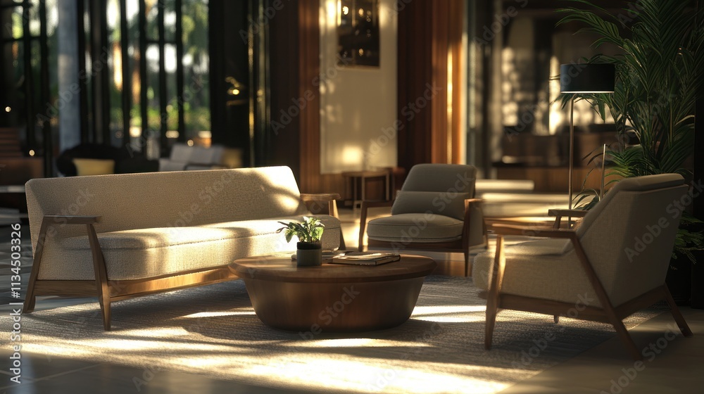 Sunlit modern lounge with sofas, chairs, and coffee table. Sunlit modern lounge with sofas, chairs, and coffee table.