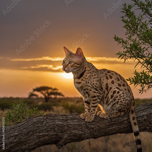 A spotted Ocicat perched on a tree branch with a savanna sunset in the background.