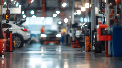 Wallpaper Mural Blurred background of an auto repair shop with cars on lifts and mechanics working in the garage Torontodigital.ca