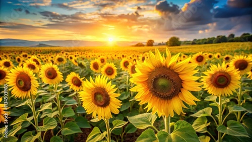 Golden green fields filled with towering sunflowers, agriculture, summer, nature, rural, landscape, sun, vibrant, growth photo