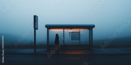 Woman standing on a bus stop in the evening on a foggy rainy day. One person on a bus stop waiting for public transport in the middle of nowhere. photo