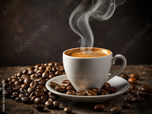 a cup of warm espresso coffee in the morning on the table