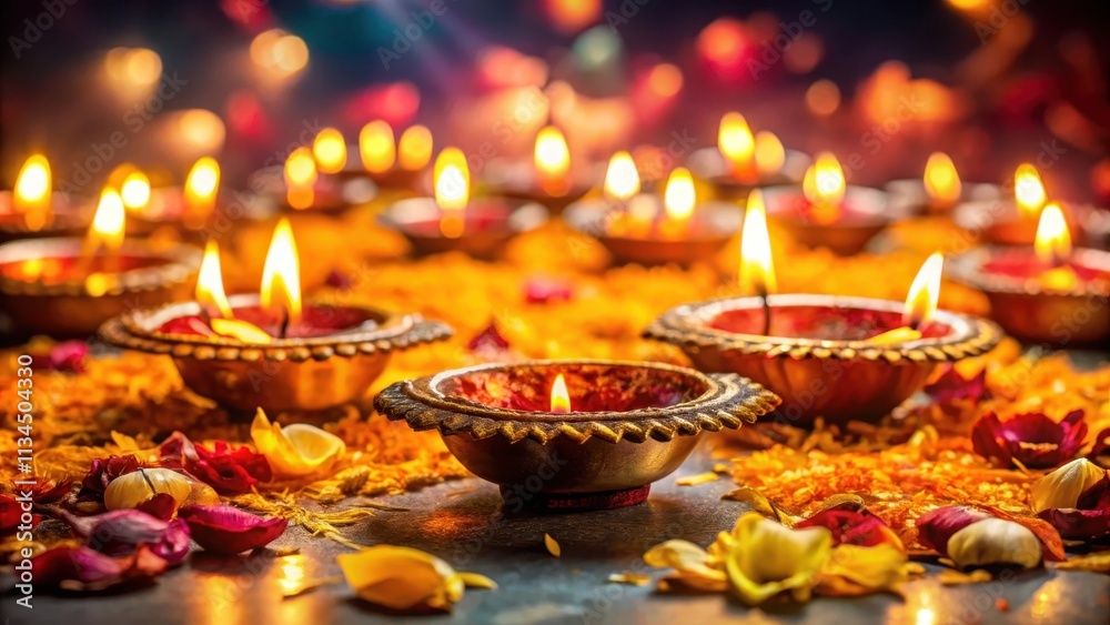 Obraz premium Diwali celebration with beautifully lit diyas and scattered flower petals , Diwali, celebration, lit diyas, flower petals